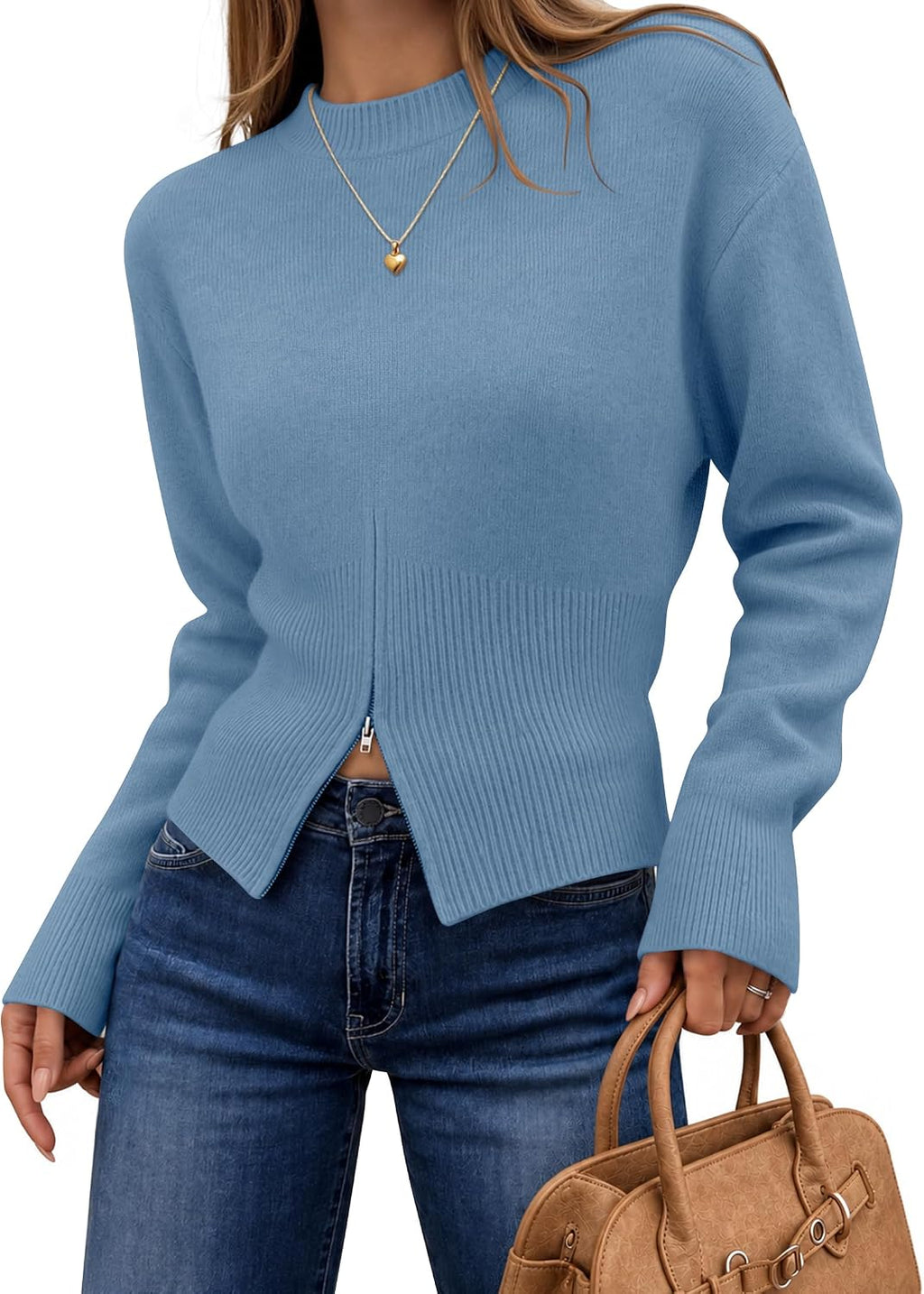 Women's Fall Zipper Pullover Sweaters 2026 Cozy Ri Dustyblue - front view
