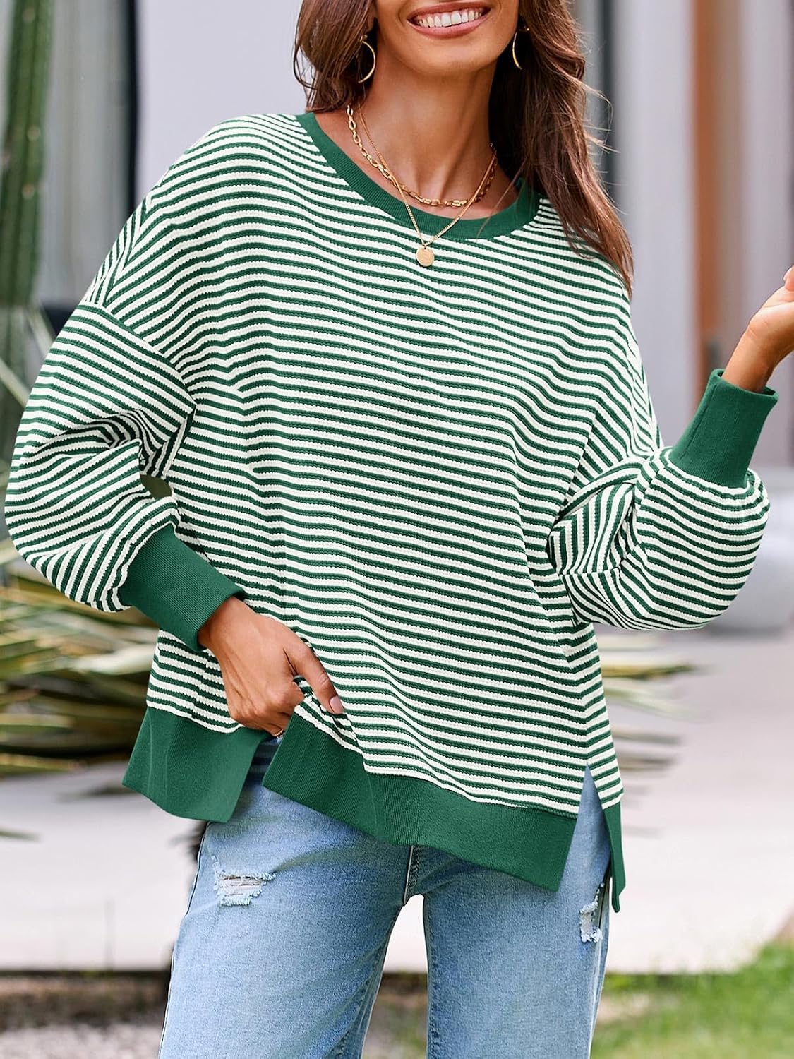 Women's Fall Oversized Sweatshirt Casual Waffle Kn Green - lifestyle look