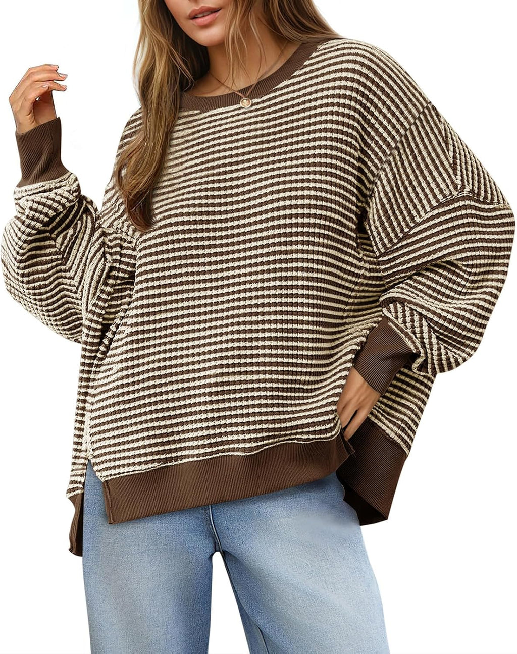 Women's Fall Oversized Sweatshirt Casual Waffle Kn Dark Brown - front view