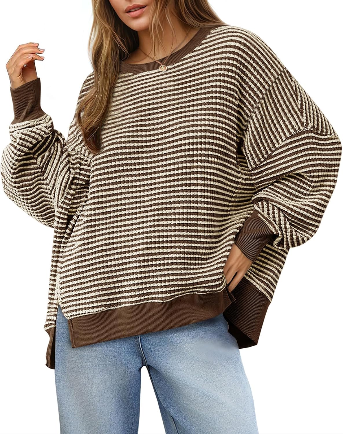 Women's Fall Oversized Sweatshirt Casual Waffle Kn Dark Brown - front view