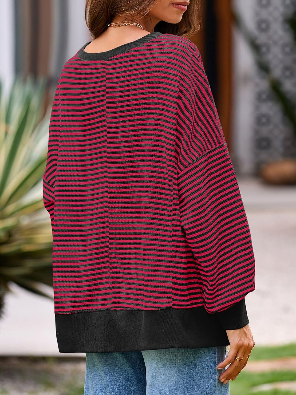 Women's Fall Oversized Sweatshirt Casual Waffle Kn Red - top view