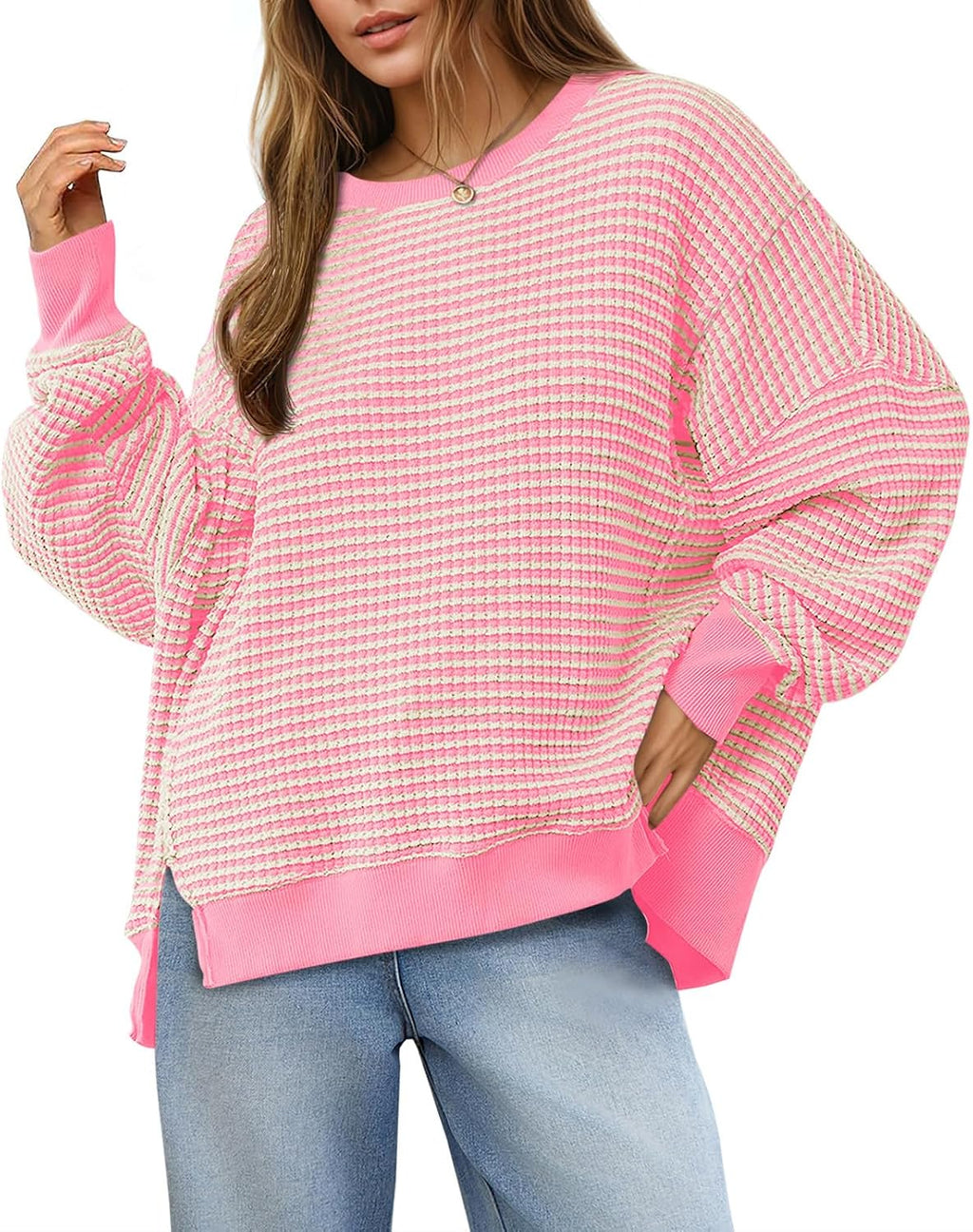 Women's Fall Oversized Sweatshirt Casual Waffle Kn Pink - front view