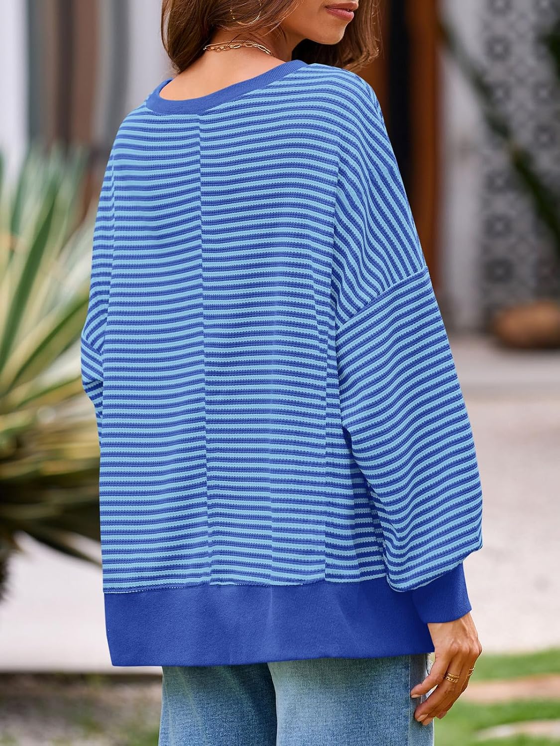 Women's Fall Oversized Sweatshirt Casual Waffle Kn Blue - top view