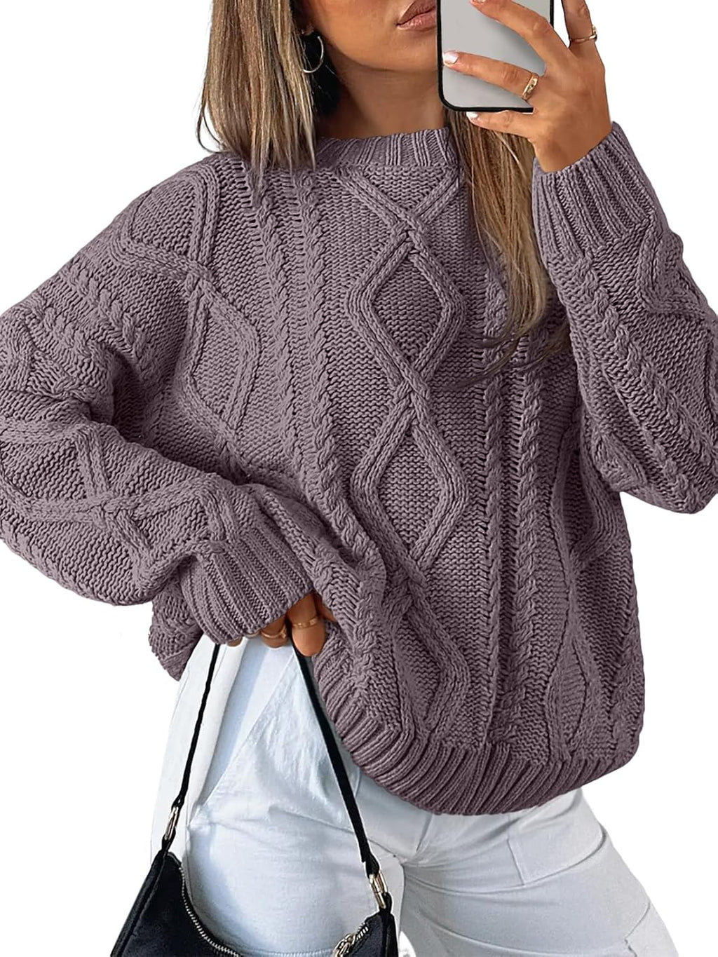 Women's Oversized Cable Knit Sweaters 2026 Fall Ou Mauve Taupe - front view