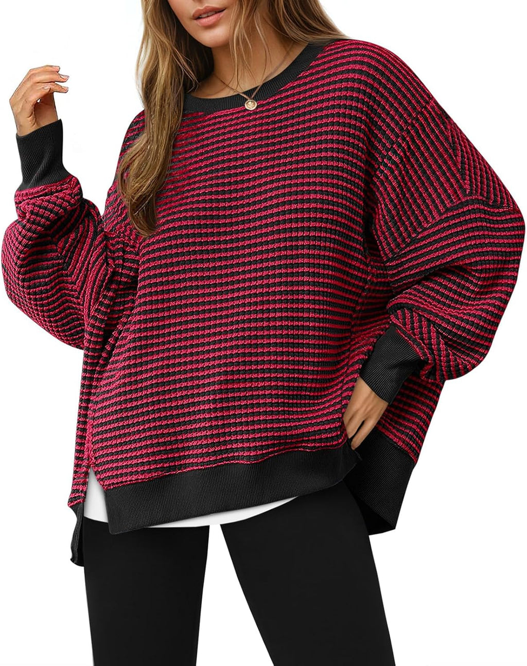Women's Fall Oversized Sweatshirt Casual Waffle Kn Red - front view