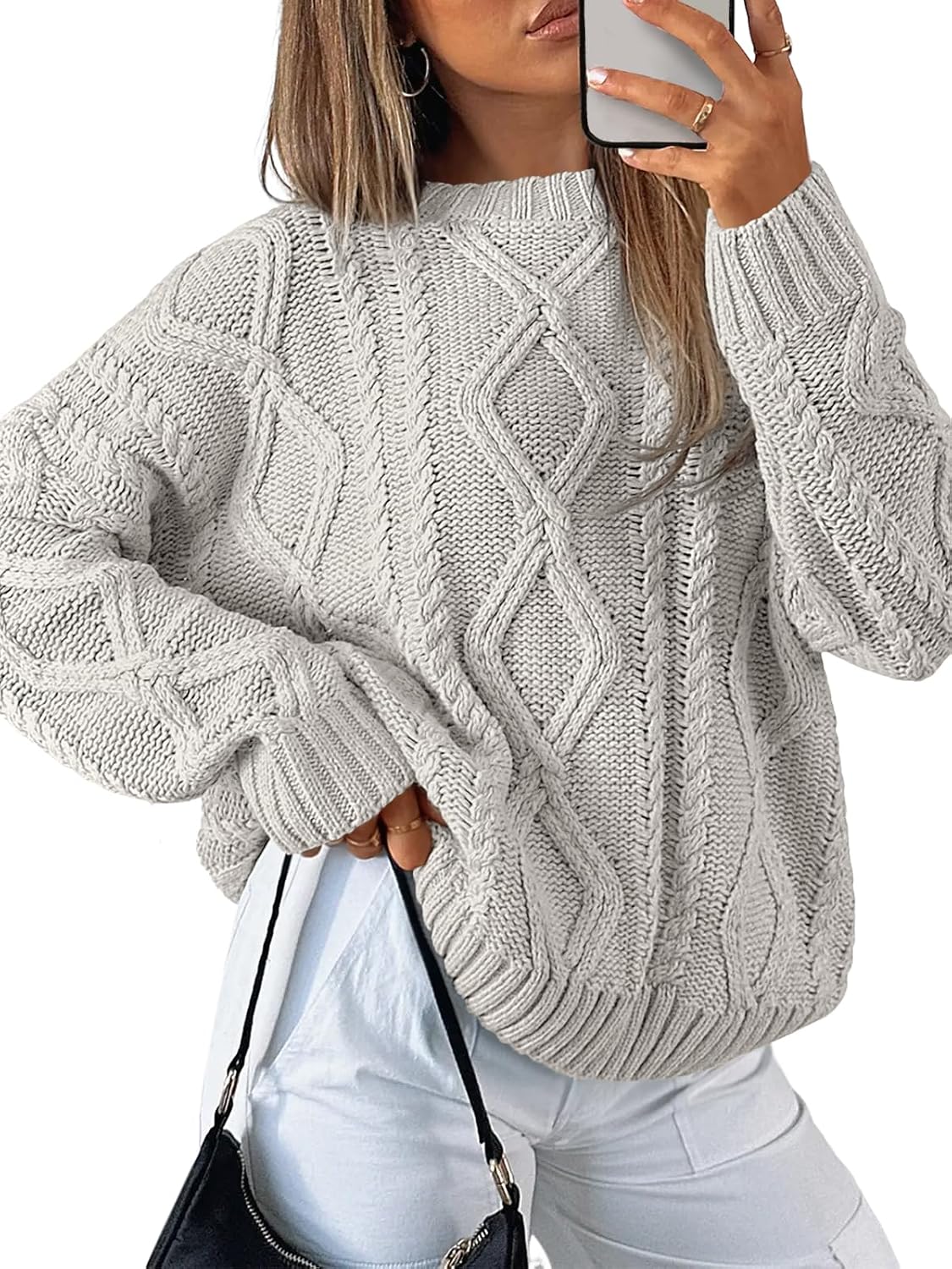 Women's Oversized Cable Knit Sweaters 2026 Fall Ou Pastel Gray - front view