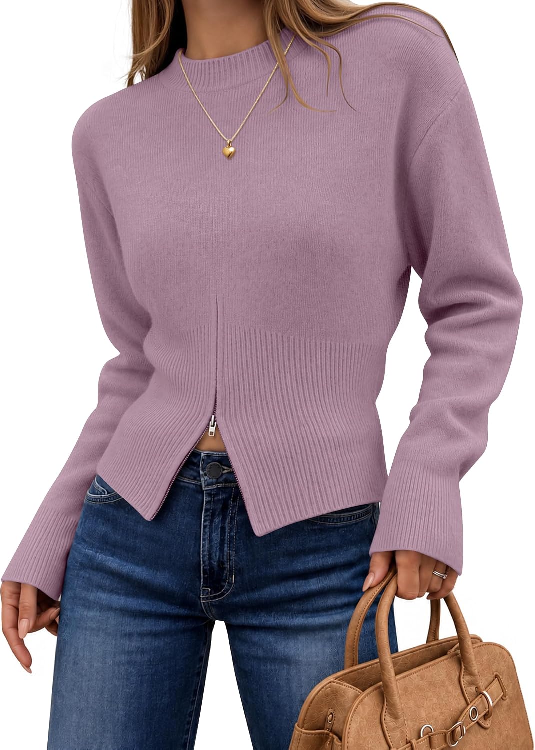 Women's Fall Zipper Pullover Sweaters 2026 Cozy Ri Purple - front view