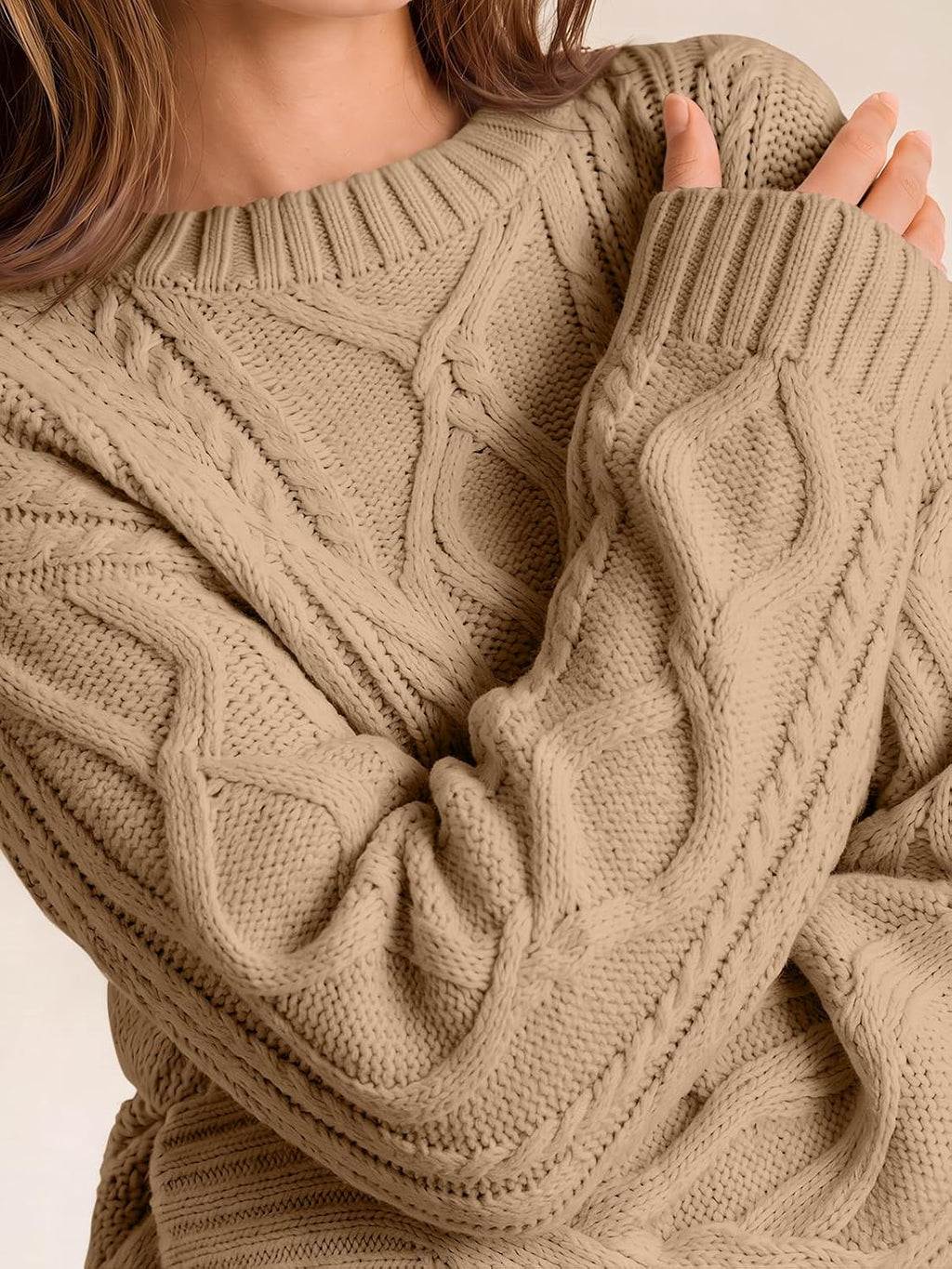 Women's Oversized Cable Knit Sweaters 2026 Fall Ou Camel - detail close-up