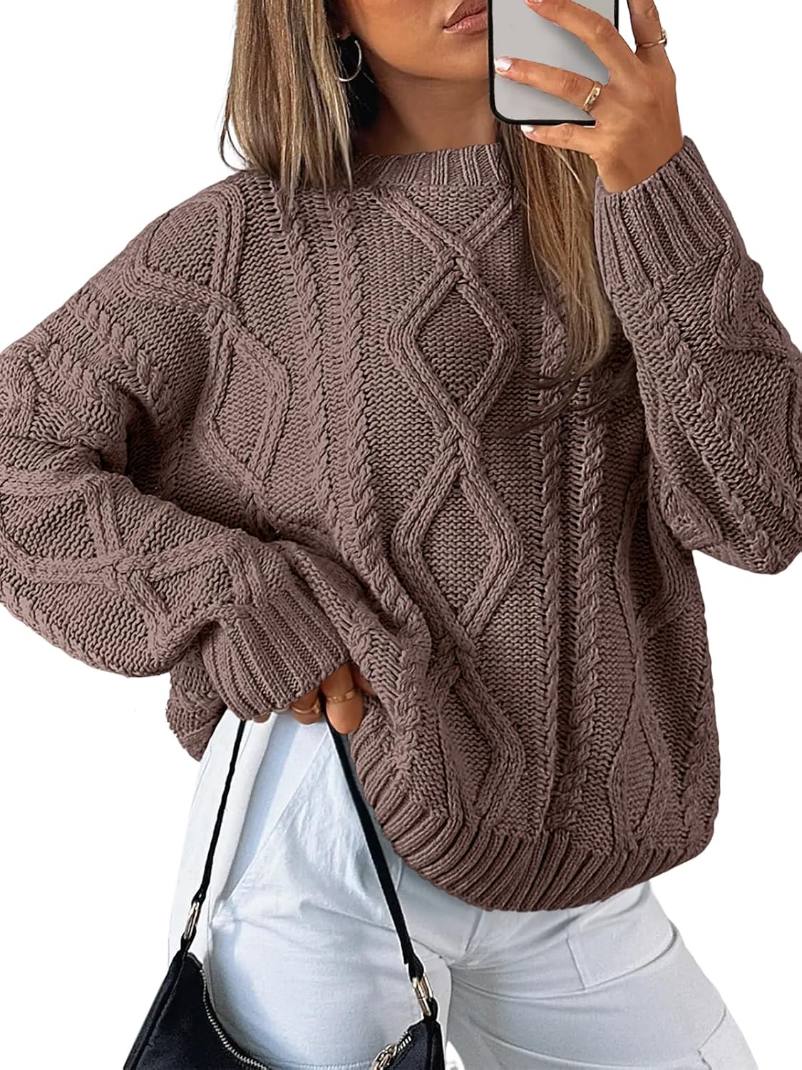 Women's Oversized Cable Knit Sweaters 2026 Fall Ou Nutmeg - front view