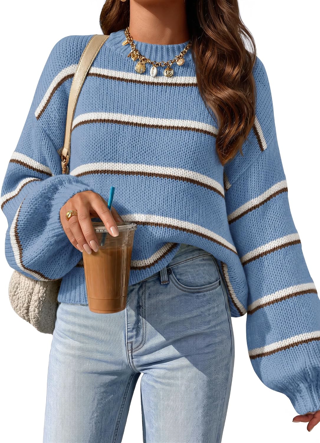 Womens Striped Fall Winter Sweaters Oversize Cozy  Blue - front view