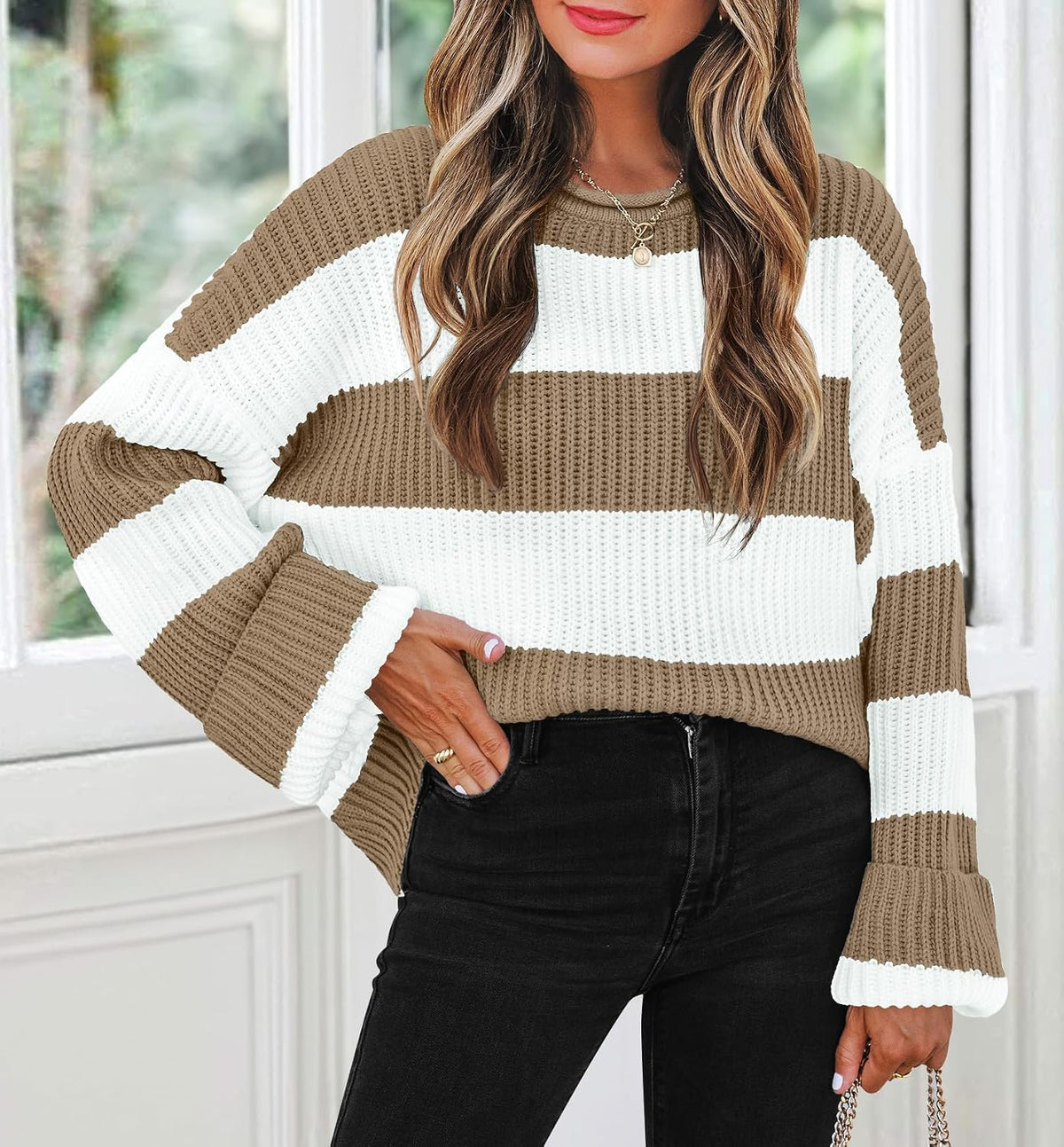 Womens Fall Winter Oversized Striped Knit Sweaters Lightkhaki - lifestyle look