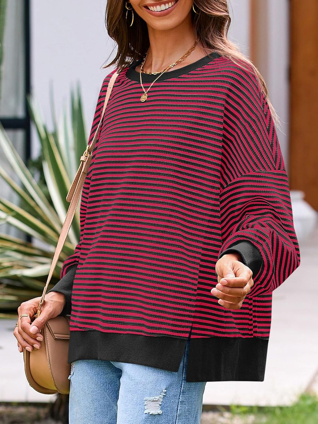 Women's Fall Oversized Sweatshirt Casual Waffle Kn Red - fabric and fit