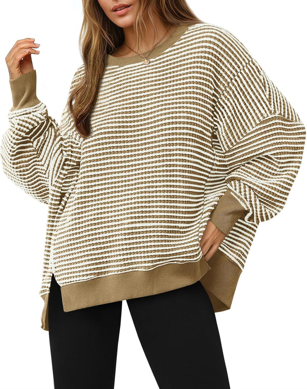 Women's Fall Oversized Sweatshirt Casual Waffle Kn Khaki - front view