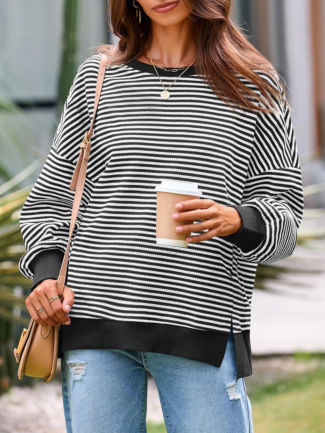 Women's Fall Oversized Sweatshirt Casual Waffle Kn Black - detail close-up