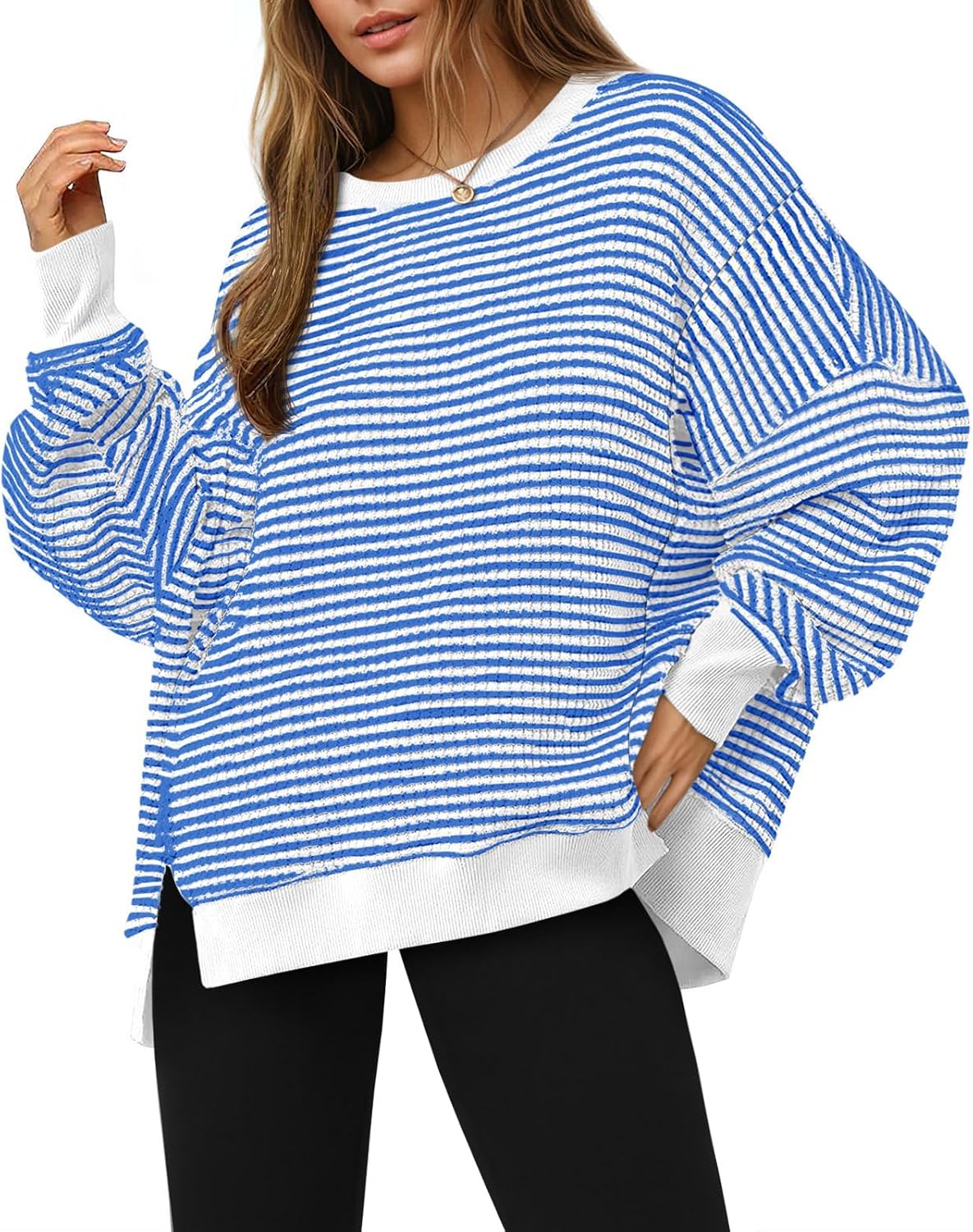 Women's Fall Oversized Sweatshirt Casual Waffle Kn White - front view