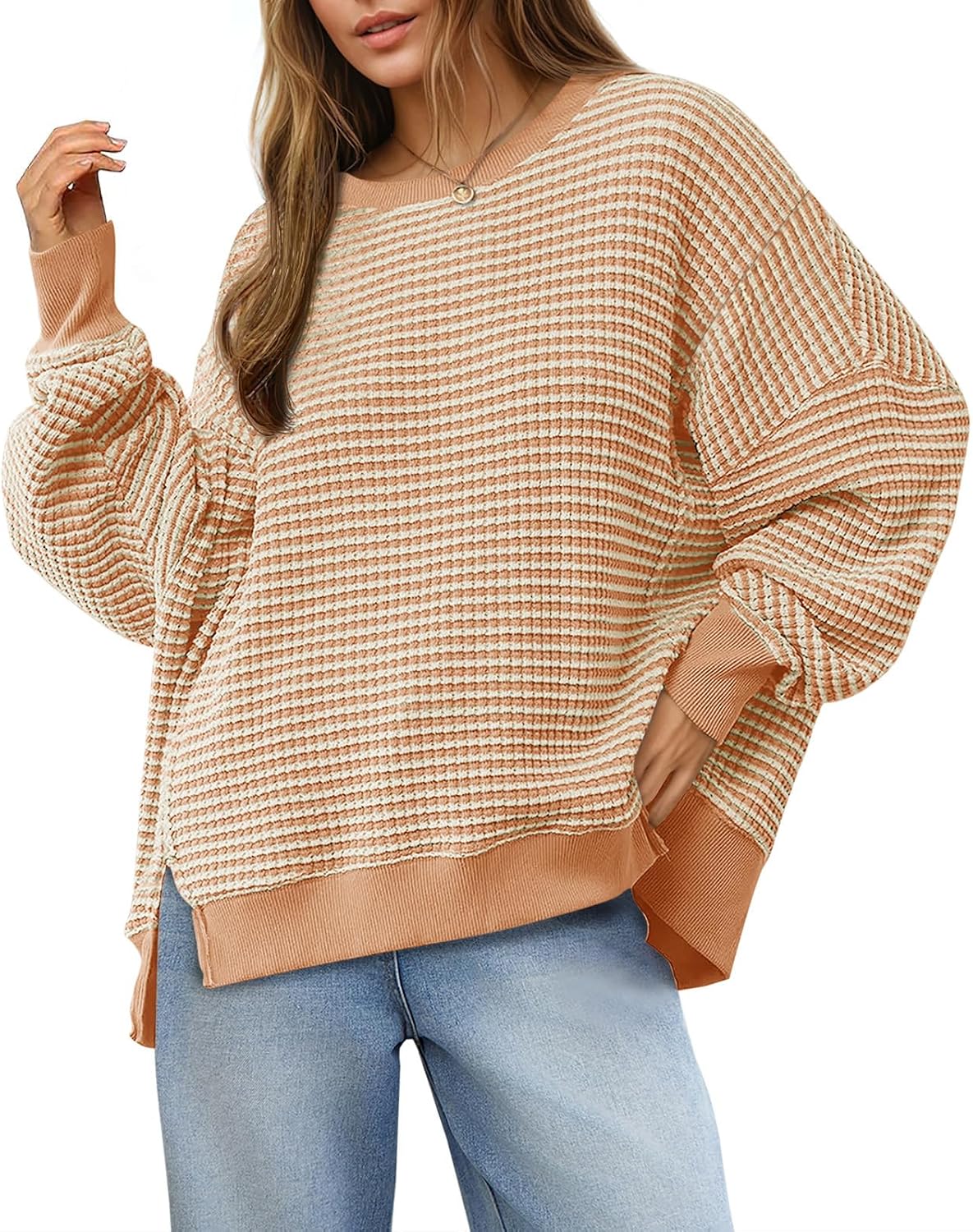 Women's Fall Oversized Sweatshirt Casual Waffle Kn Apricot - front view