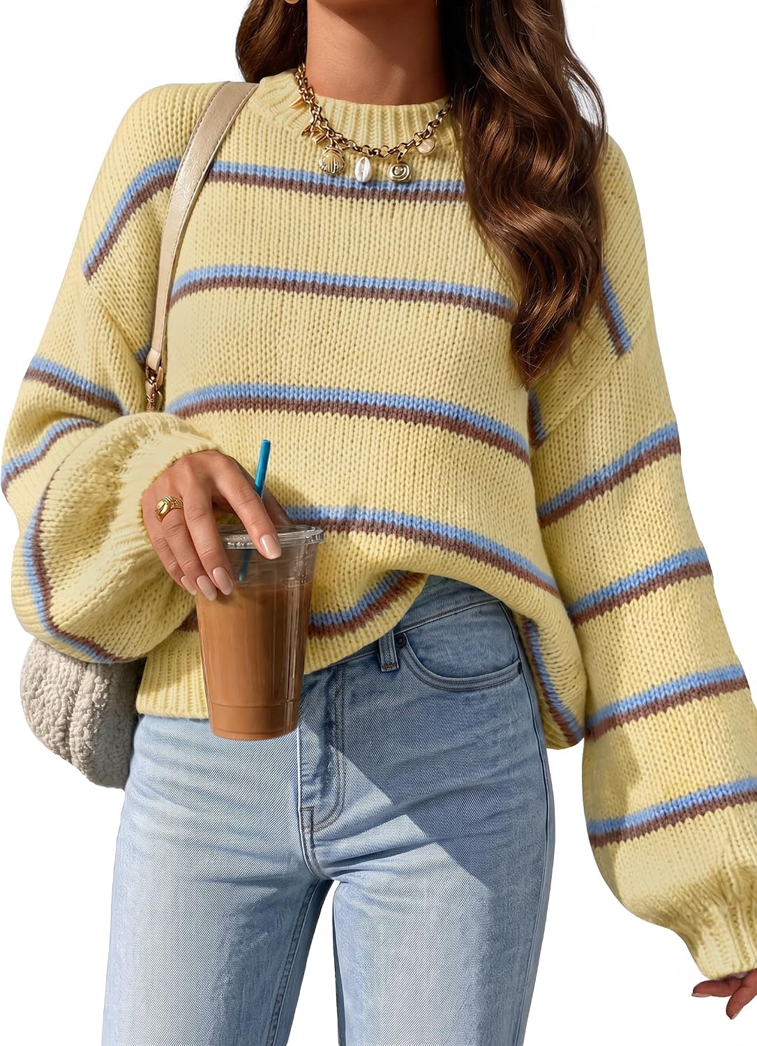 Womens Striped Fall Winter Sweaters Oversize Cozy  Yellow - front view