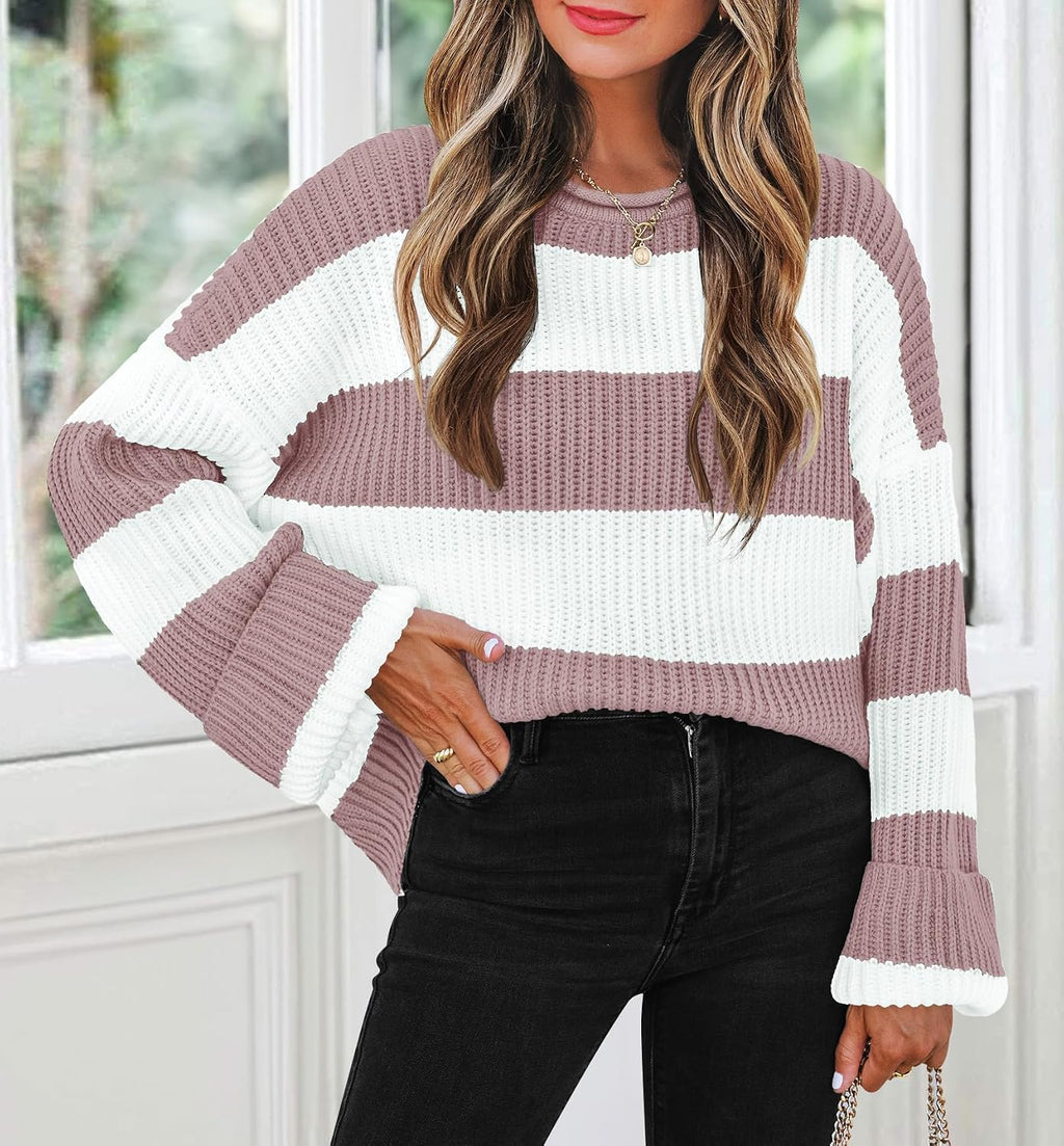 Womens Fall Winter Oversized Striped Knit Sweaters Pink - lifestyle look