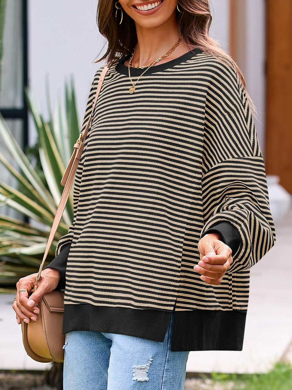 Women's Fall Oversized Sweatshirt Casual Waffle Kn Camel - fabric and fit