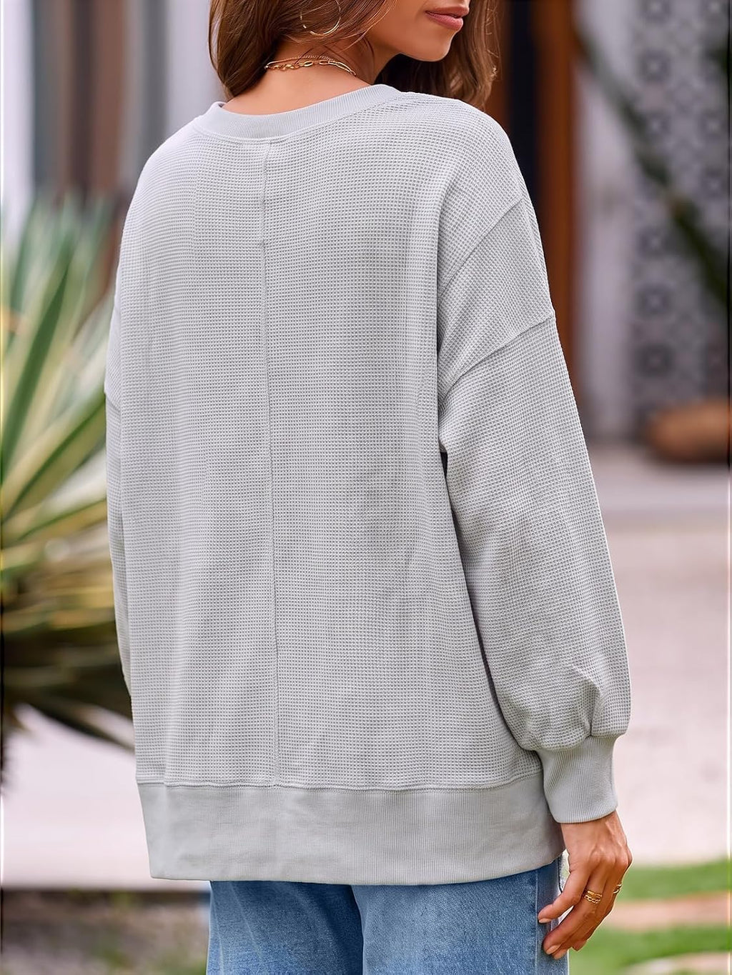 Women's Fall Oversized Sweatshirt Casual Waffle Kn Light Grey-2 - top view