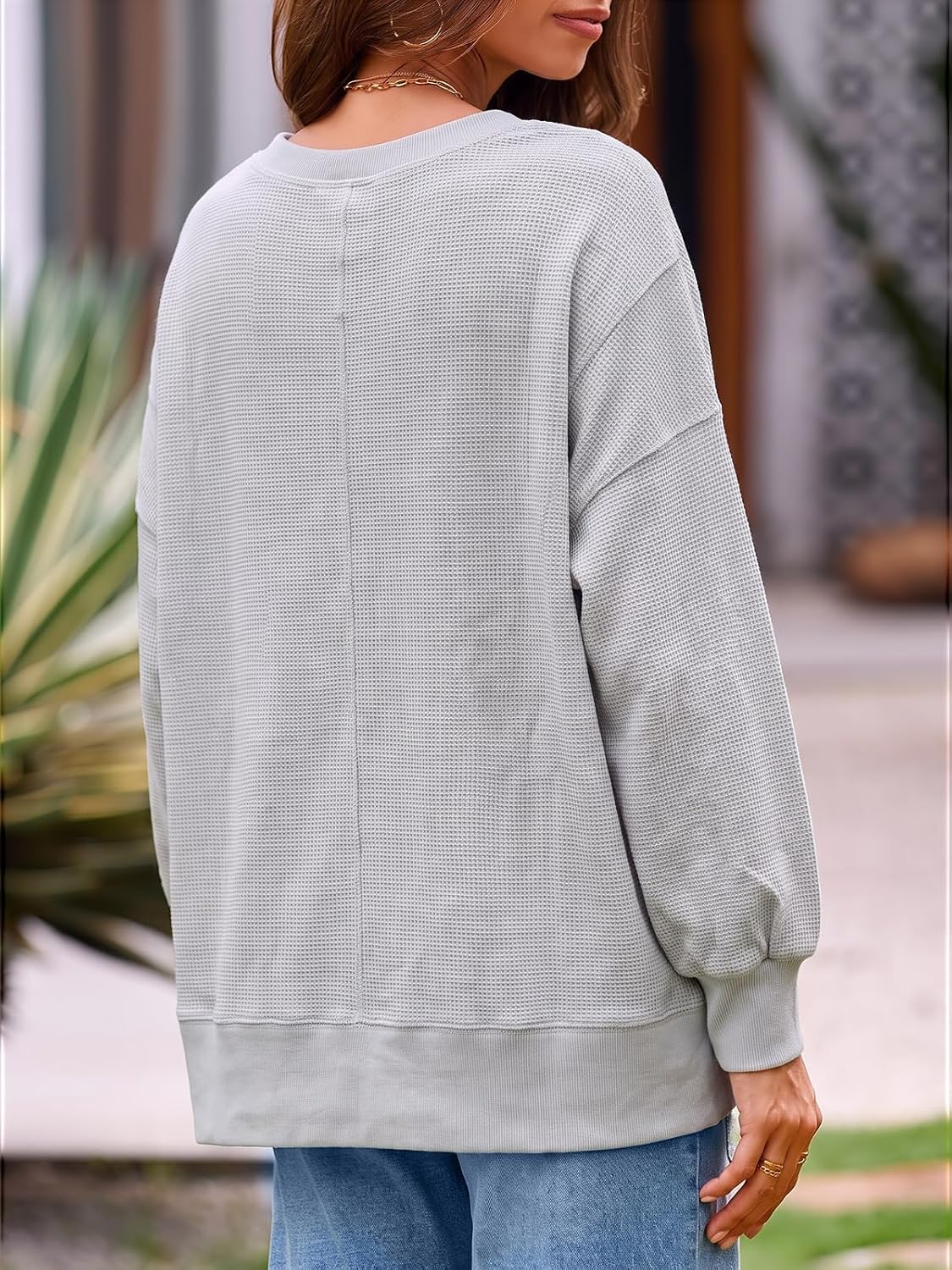 Women's Fall Oversized Sweatshirt Casual Waffle Kn Light Grey-2 - top view
