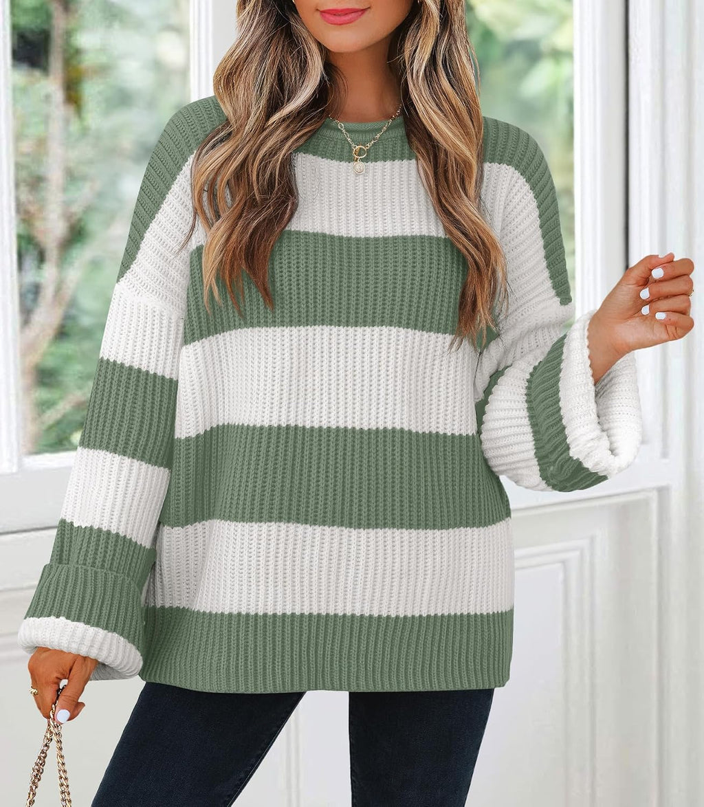 Womens Fall Winter Oversized Striped Knit Sweaters Green - detail close-up