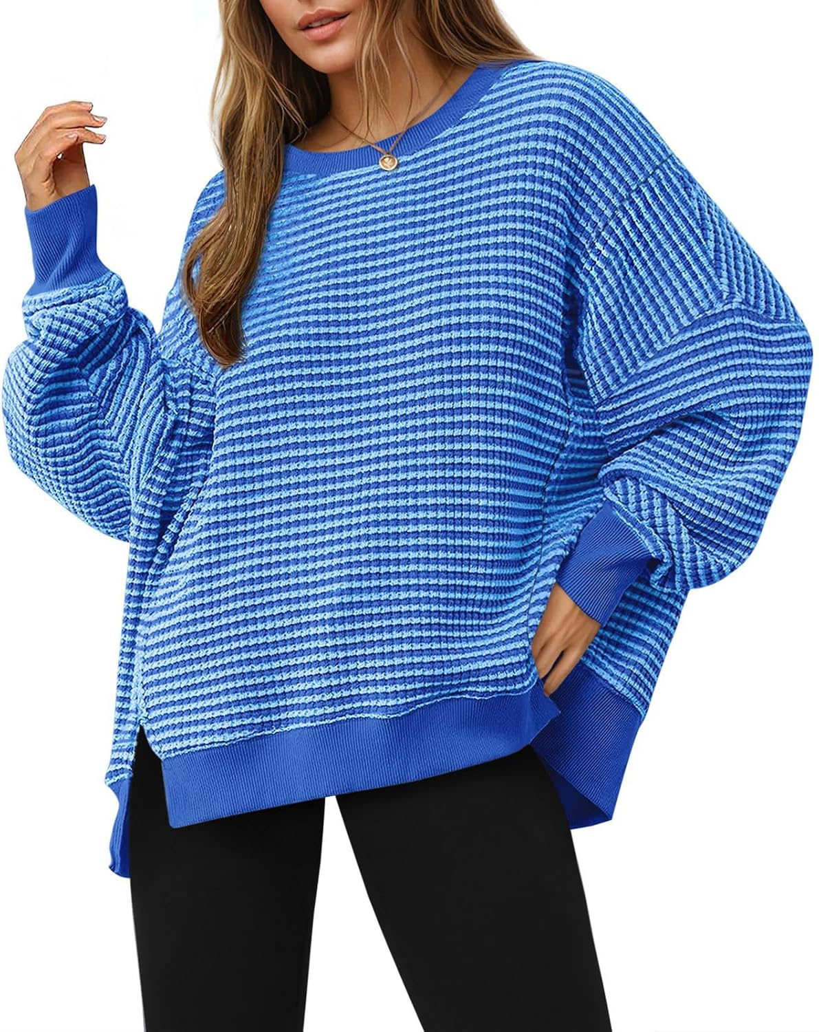 Women's Fall Oversized Sweatshirt Casual Waffle Kn Blue - front view