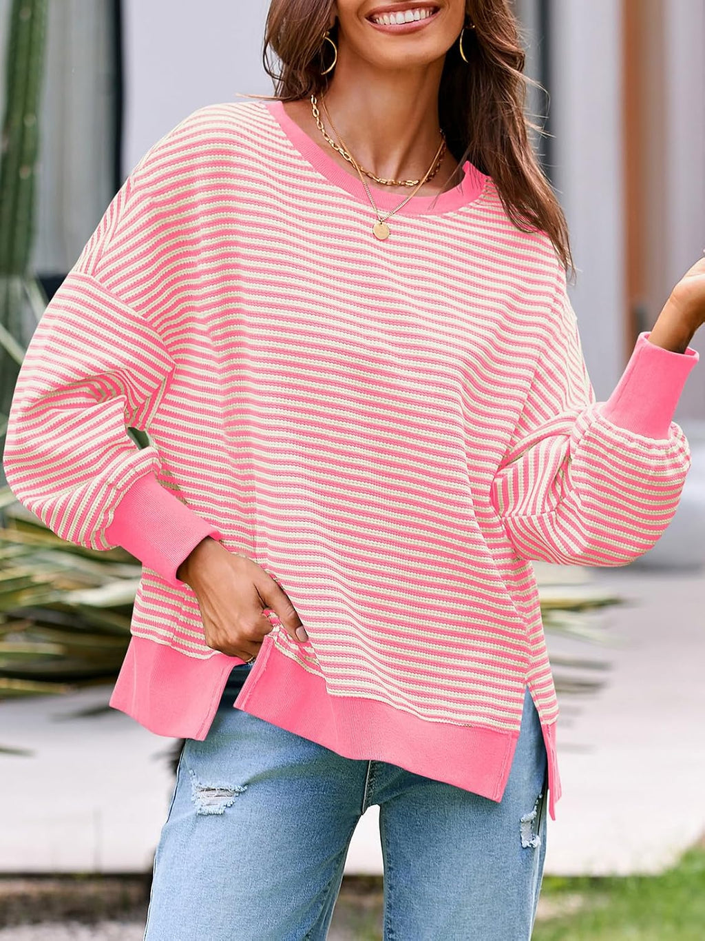 Women's Fall Oversized Sweatshirt Casual Waffle Kn Pink - top view