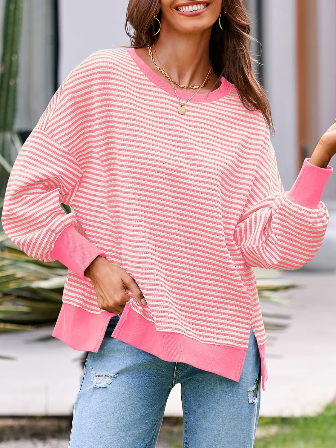 Women's Fall Oversized Sweatshirt Casual Waffle Kn Pink - top view