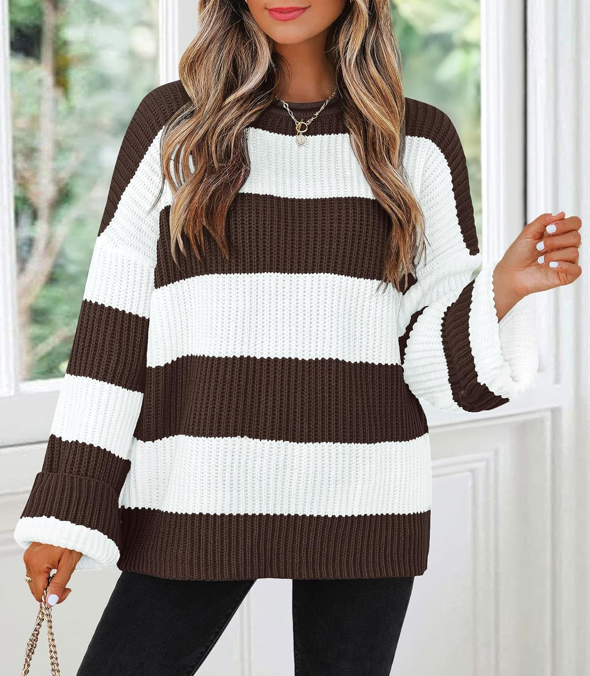 Womens Fall Winter Oversized Striped Knit Sweaters Coffee - top view