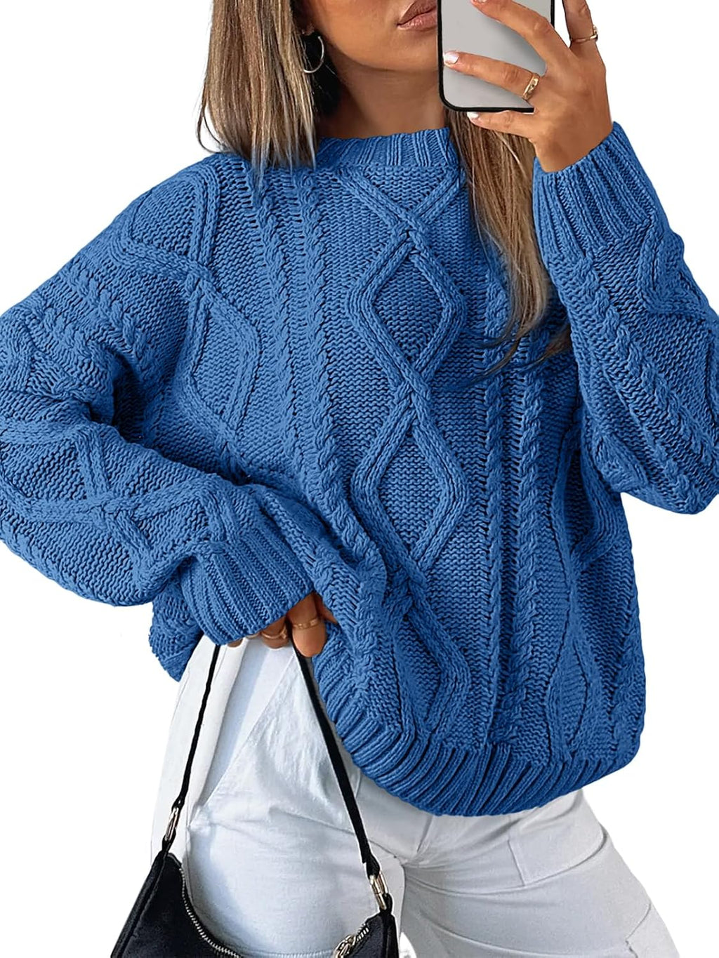 Women's Oversized Cable Knit Sweaters 2026 Fall Ou Azure Blue - front view