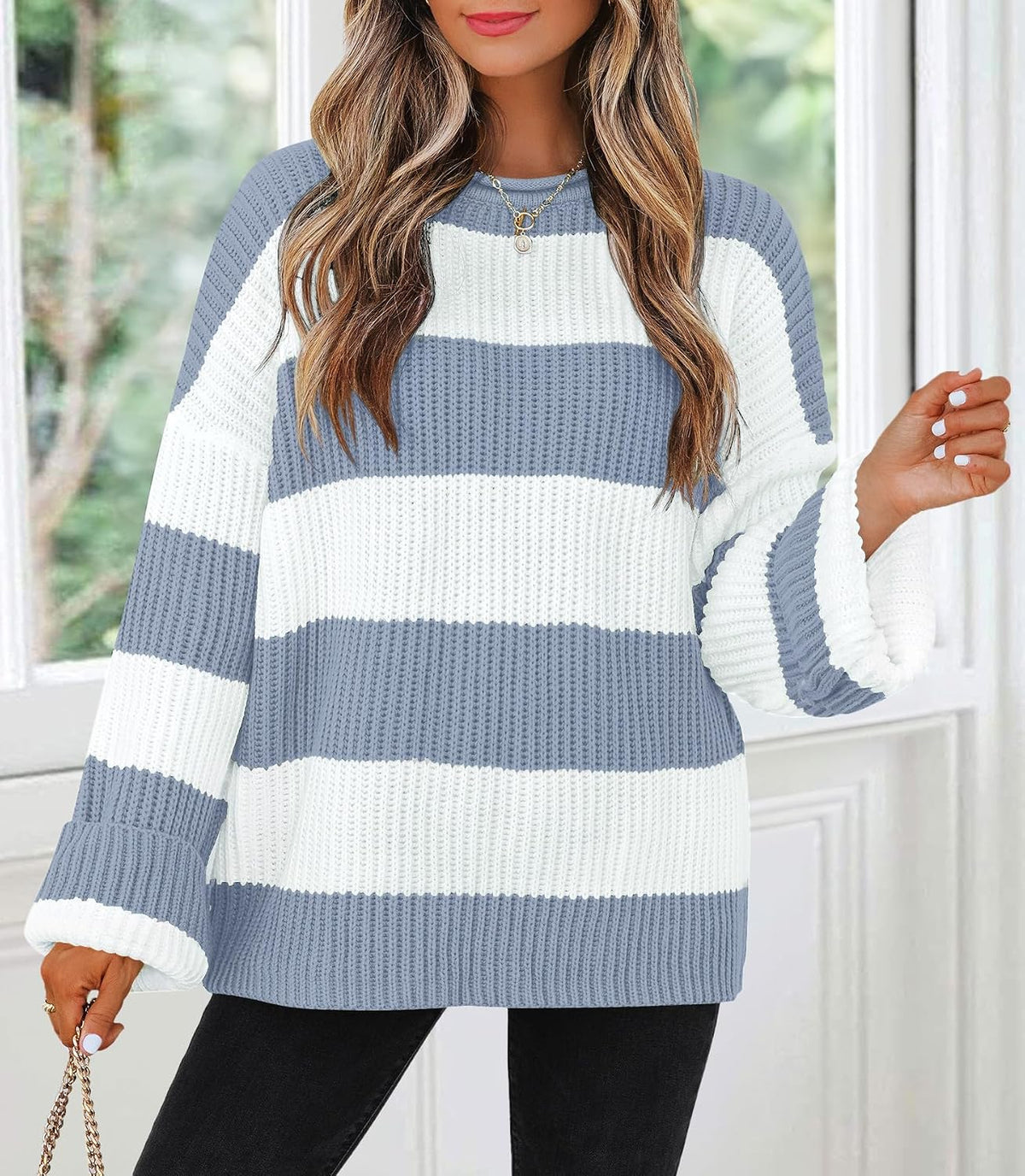 Womens Fall Winter Oversized Striped Knit Sweaters Blue - top view