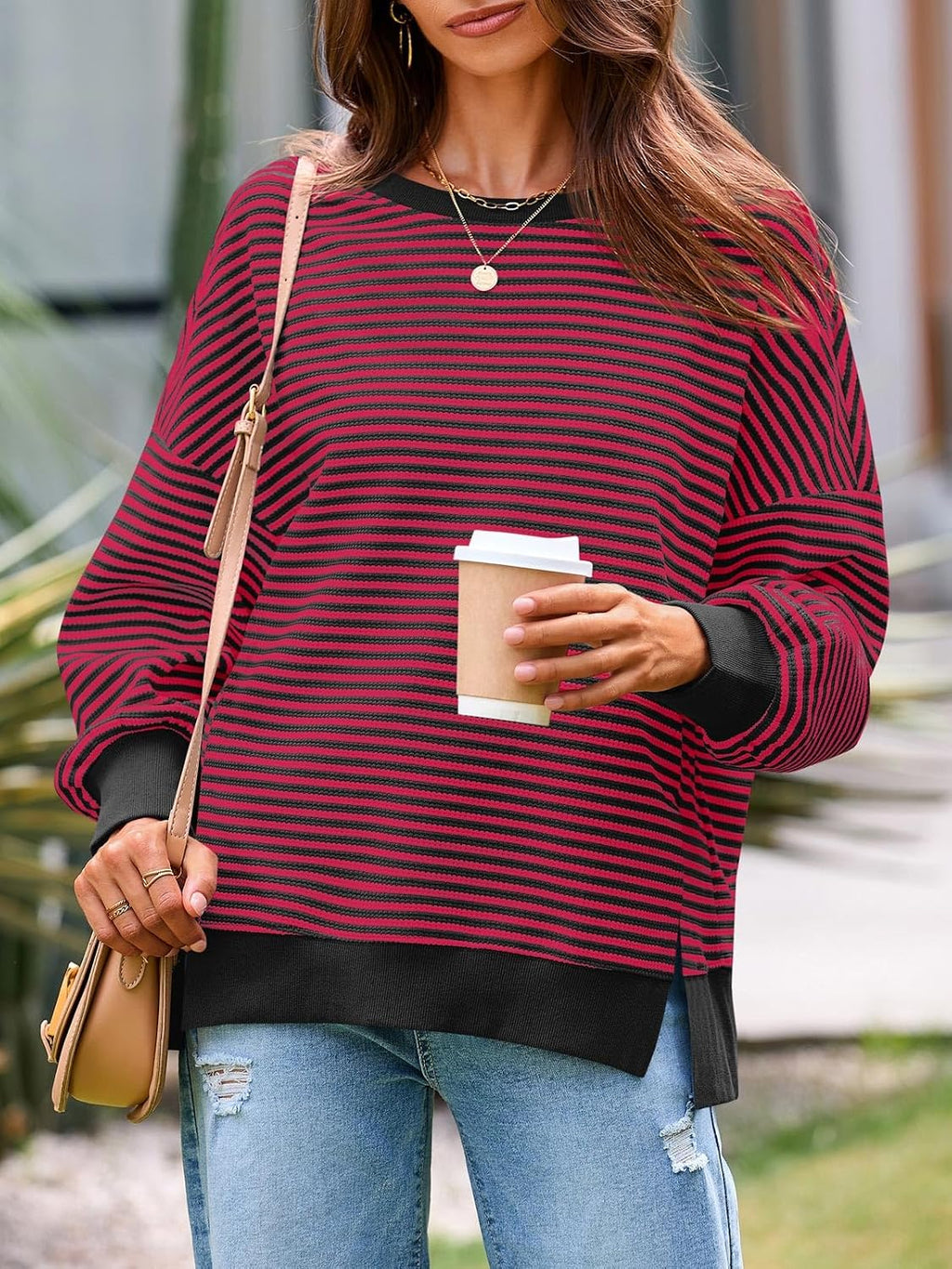 Women's Fall Oversized Sweatshirt Casual Waffle Kn Red - detail close-up