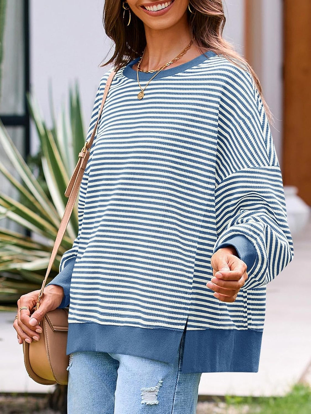 Women's Fall Oversized Sweatshirt Casual Waffle Kn Navy - fabric and fit