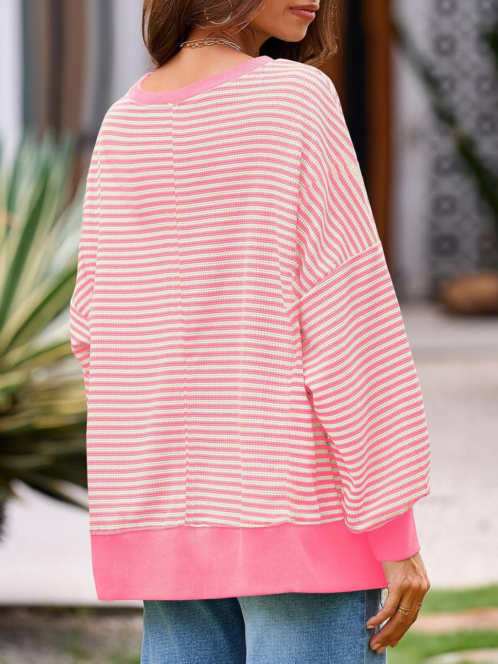 Women's Fall Oversized Sweatshirt Casual Waffle Kn Pink - fabric and fit
