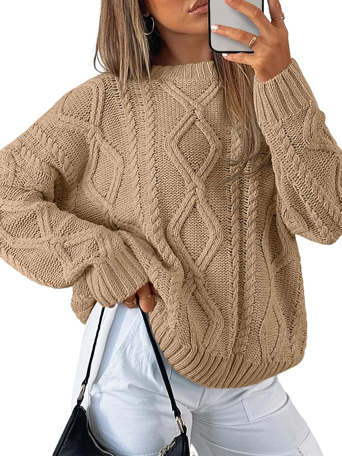 Women's Oversized Cable Knit Sweaters 2026 Fall Ou Camel - front view
