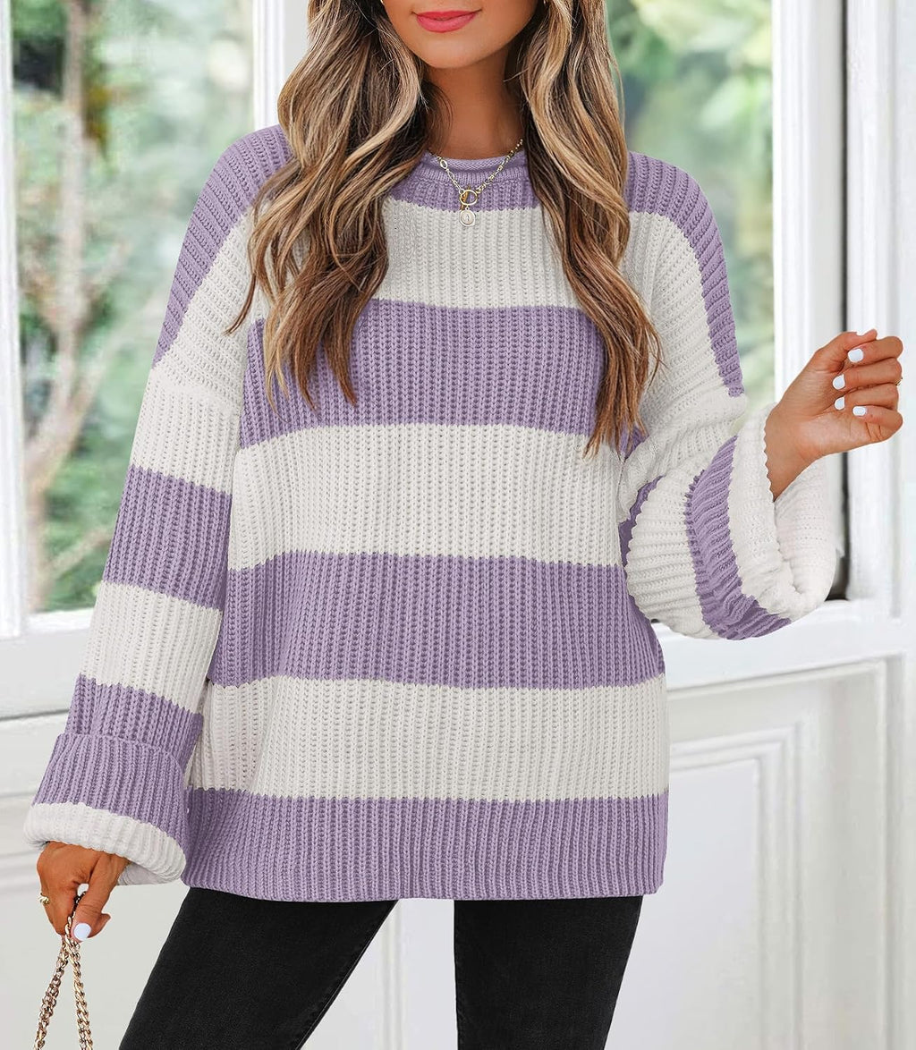 Womens Fall Winter Oversized Striped Knit Sweaters Lightpurple - detail close-up