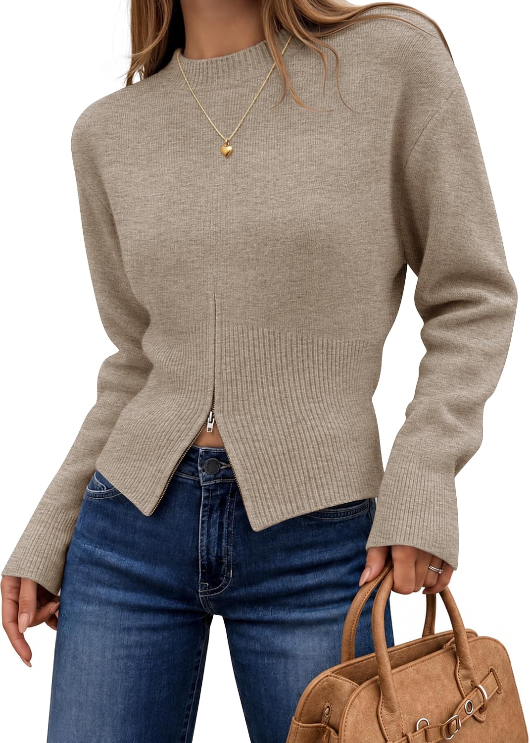 Women's Fall Zipper Pullover Sweaters 2026 Cozy Ri Oatmeal - front view