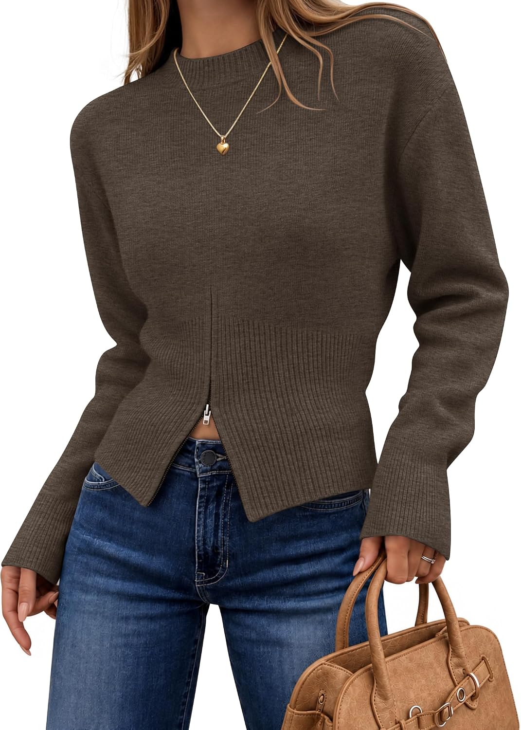 Women's Fall Zipper Pullover Sweaters 2026 Cozy Ri Brown - front view