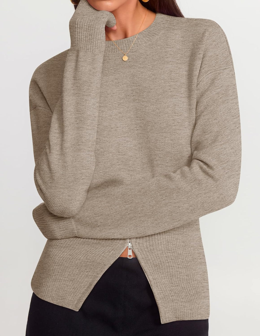 Women's Fall Zipper Pullover Sweaters 2026 Cozy Ri Oatmeal - fabric and fit