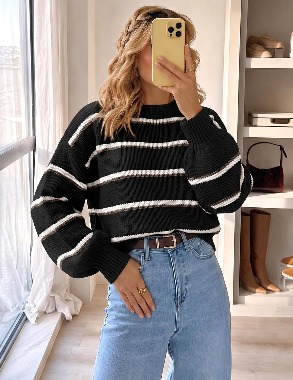 Womens Striped Fall Winter Sweaters Oversize Cozy  Black - fabric and fit