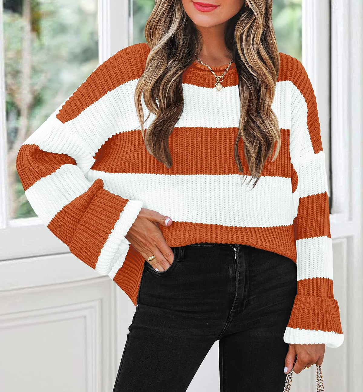 Womens Fall Winter Oversized Striped Knit Sweaters Orange - lifestyle look