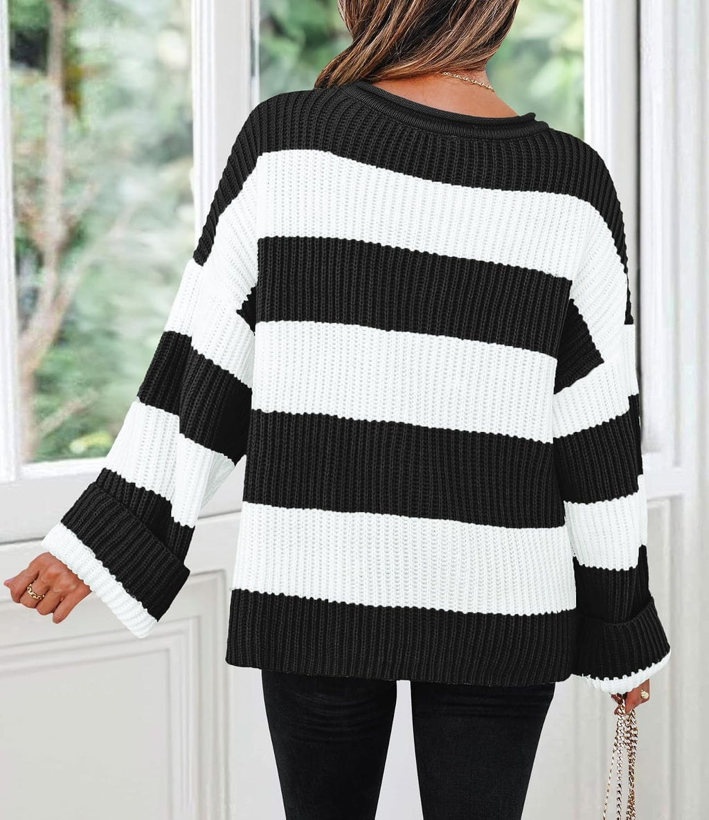 Womens Fall Winter Oversized Striped Knit Sweaters Blackstriped - top view