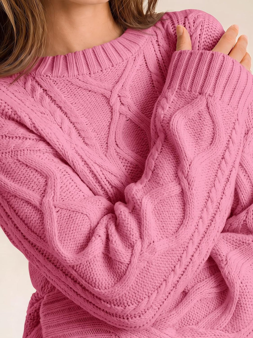 Women's Oversized Cable Knit Sweaters 2026 Fall Ou Rose Pink - detail close-up
