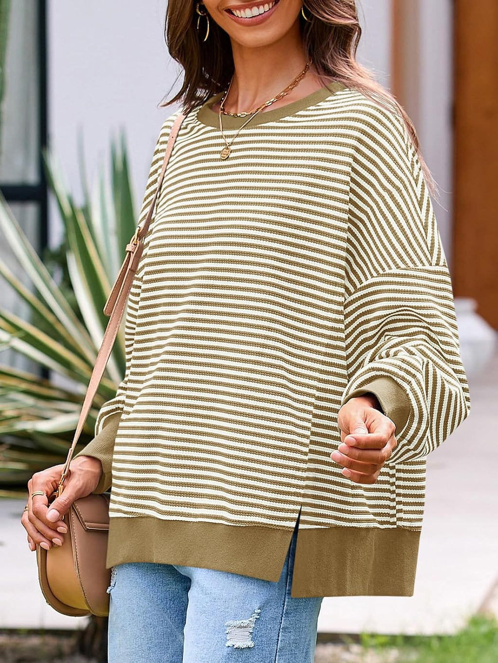Women's Fall Oversized Sweatshirt Casual Waffle Kn Khaki - fabric and fit