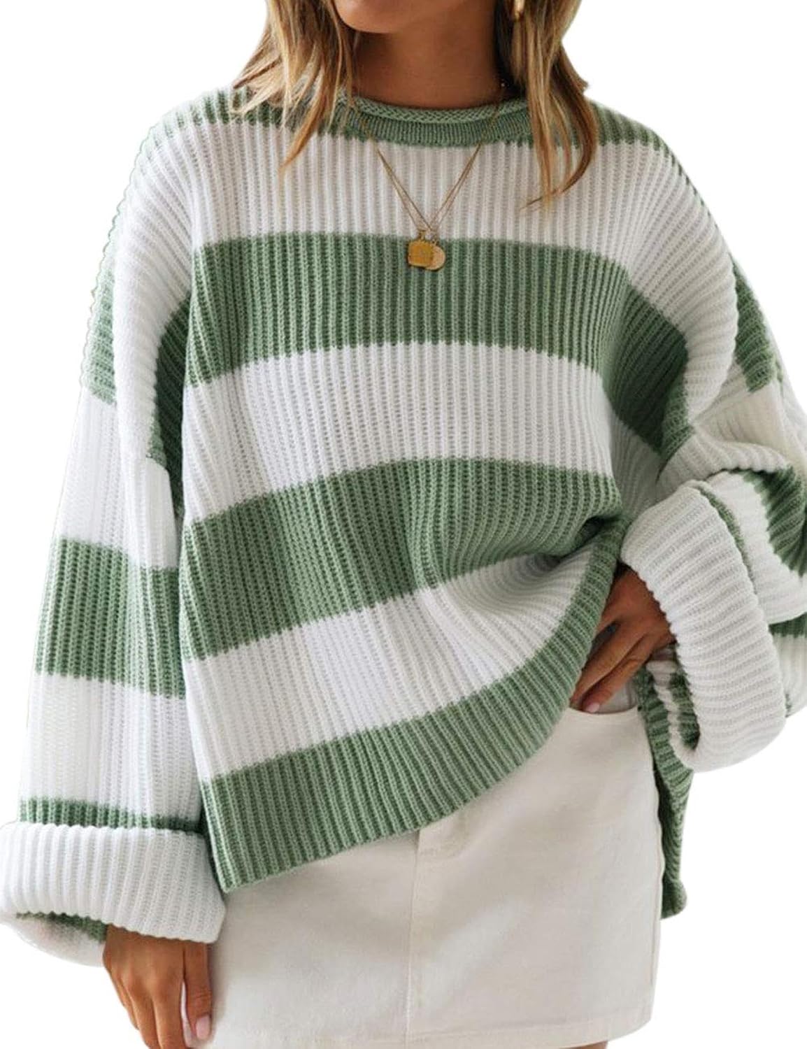 Womens Fall Winter Oversized Striped Knit Sweaters Green - front view