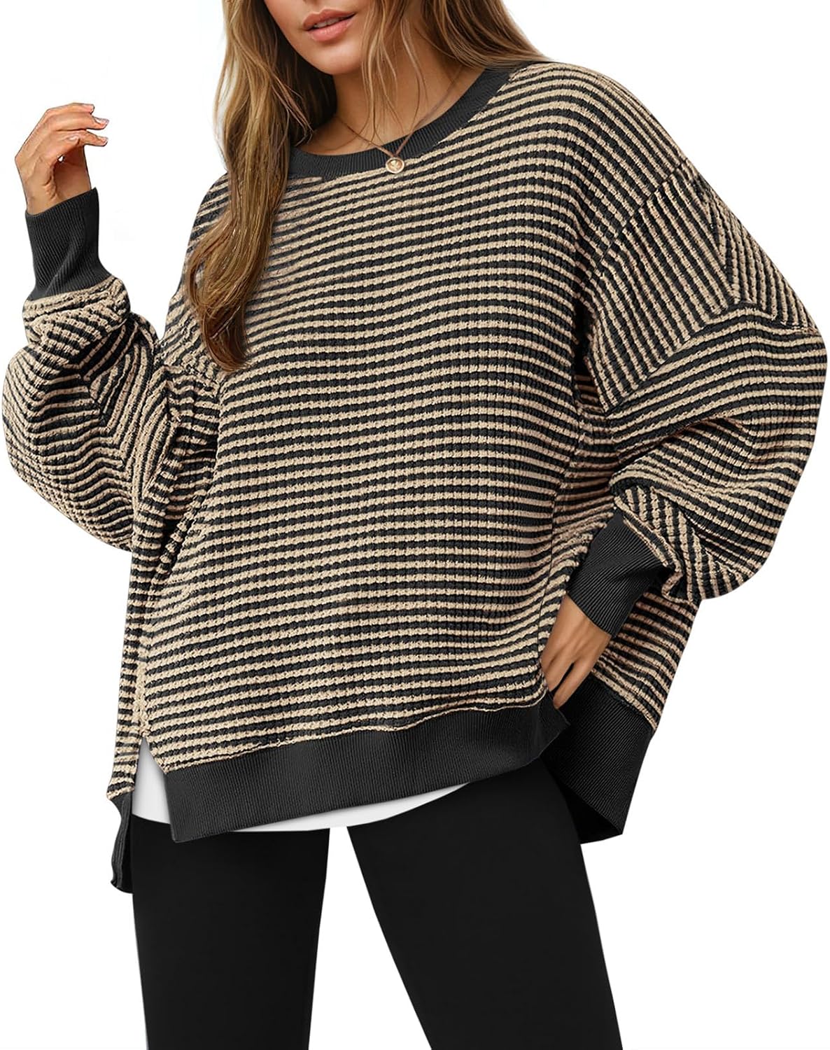Women's Fall Oversized Sweatshirt Casual Waffle Kn Camel - front view