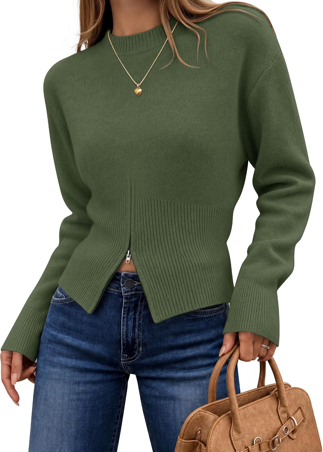 Women's Fall Zipper Pullover Sweaters 2026 Cozy Ri Armygreen - front view
