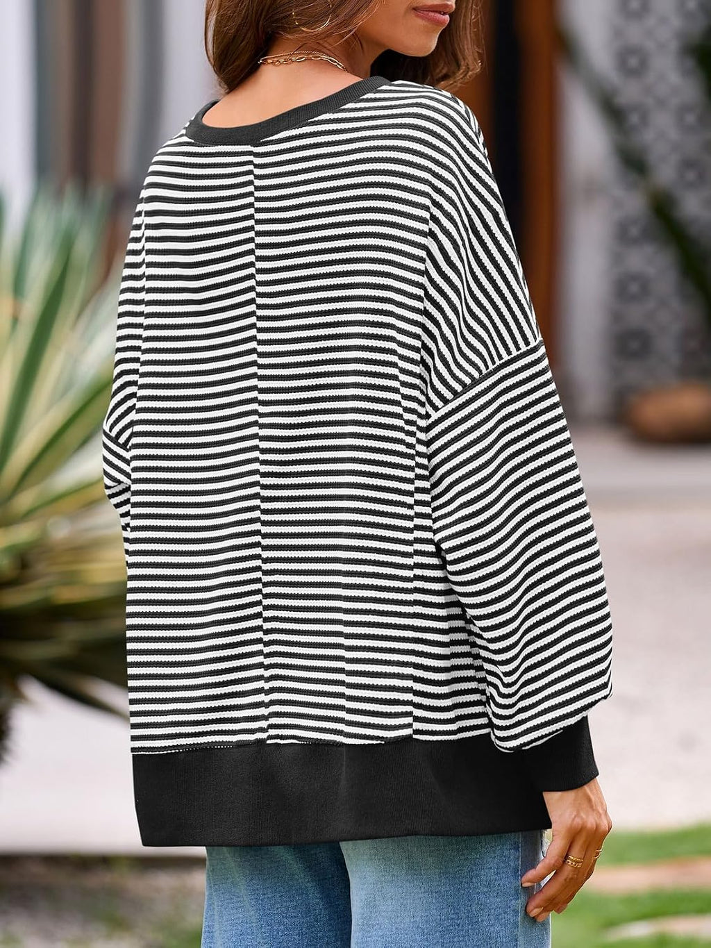 Women's Fall Oversized Sweatshirt Casual Waffle Kn Black - top view