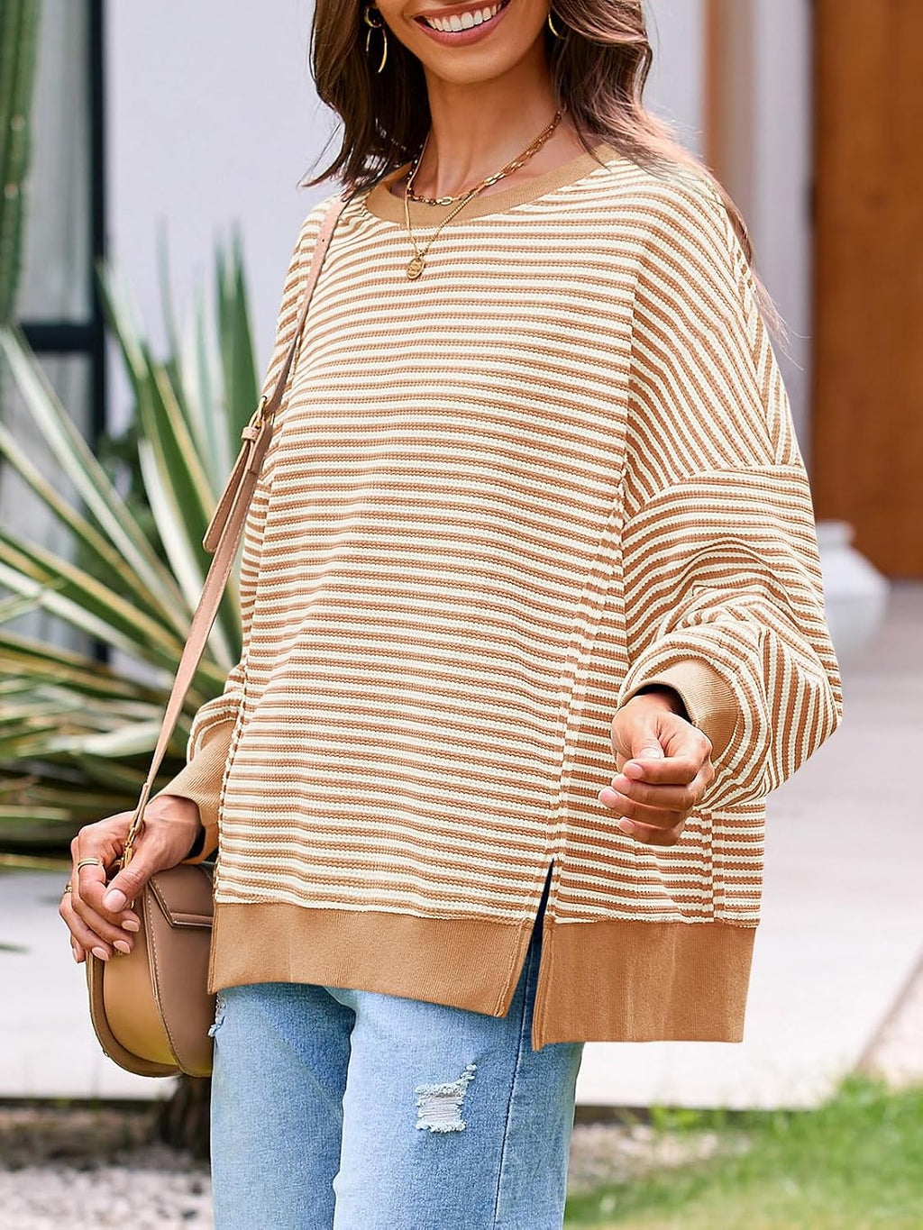 Women's Fall Oversized Sweatshirt Casual Waffle Kn Apricot - fabric and fit
